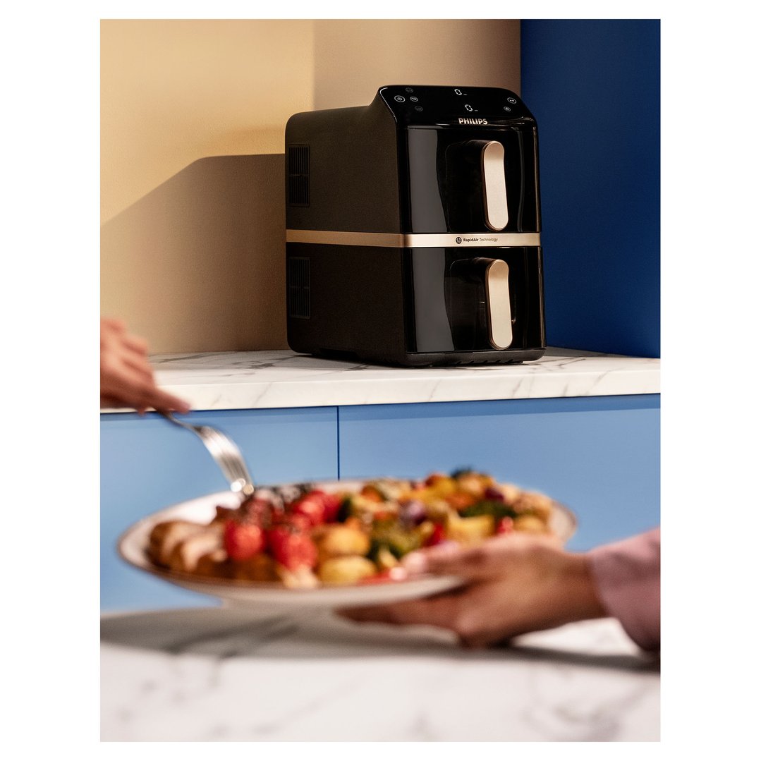 Black Philips Airfryer 4000 Series Stacked Dual Basket on a kitchen counter