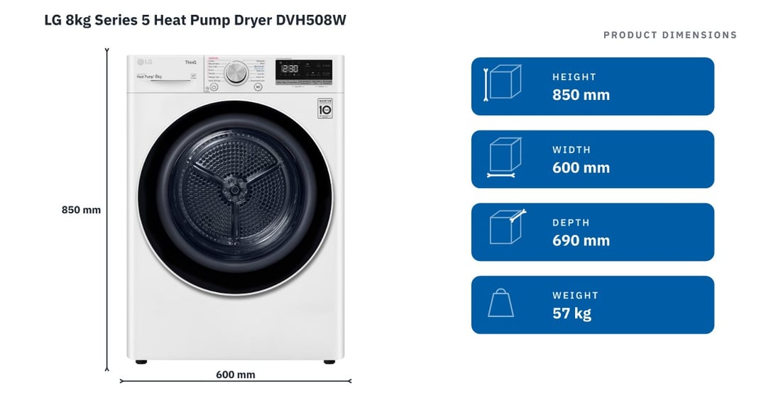 LG 8kg Series 5 Heat Pump Dryer DVH508W — product dimensions