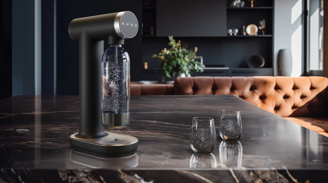 SMEG soda maker with a bottle of sparkling water on a dark marble countertop