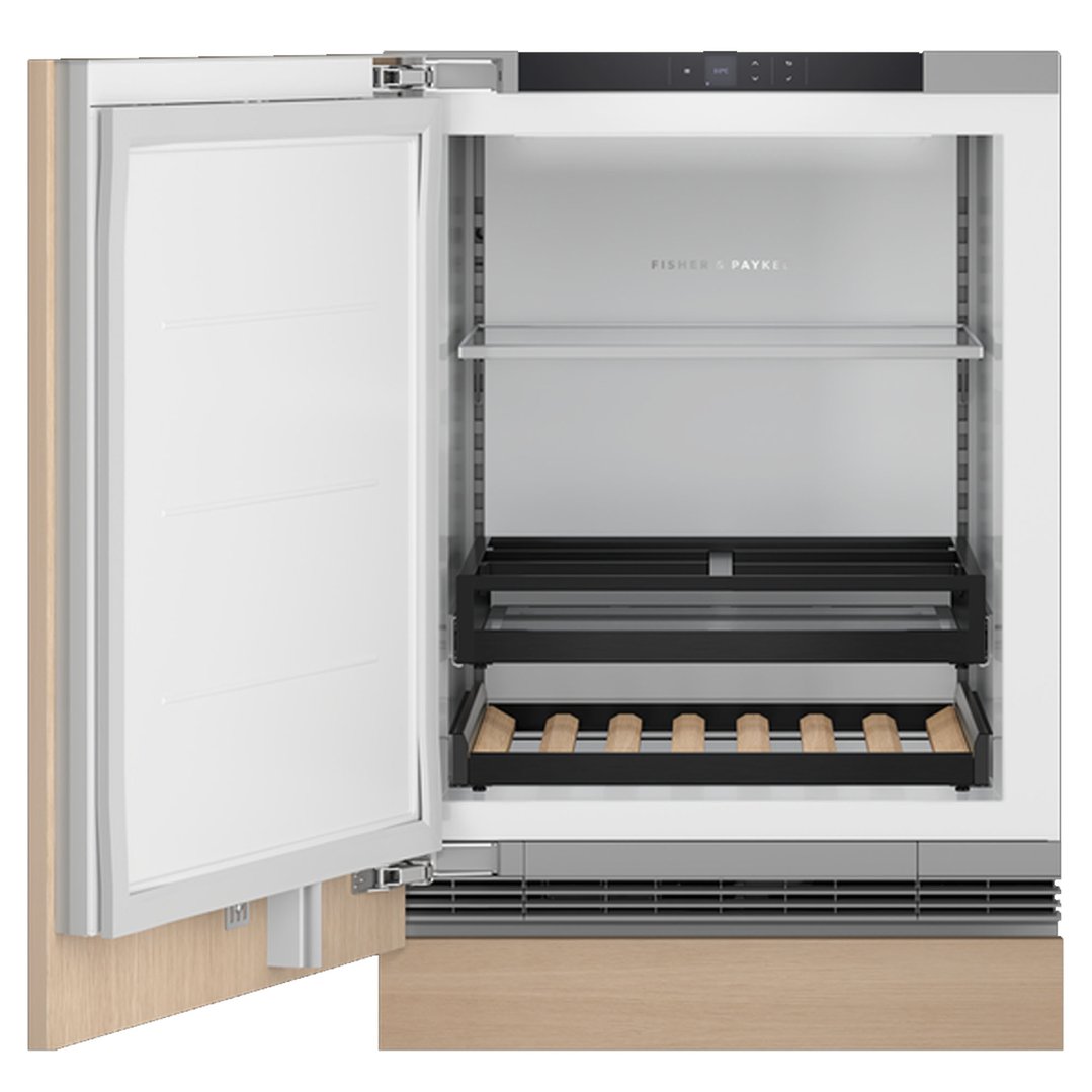 Integrated beverage centre with door open, showing interior shelves and wine racks