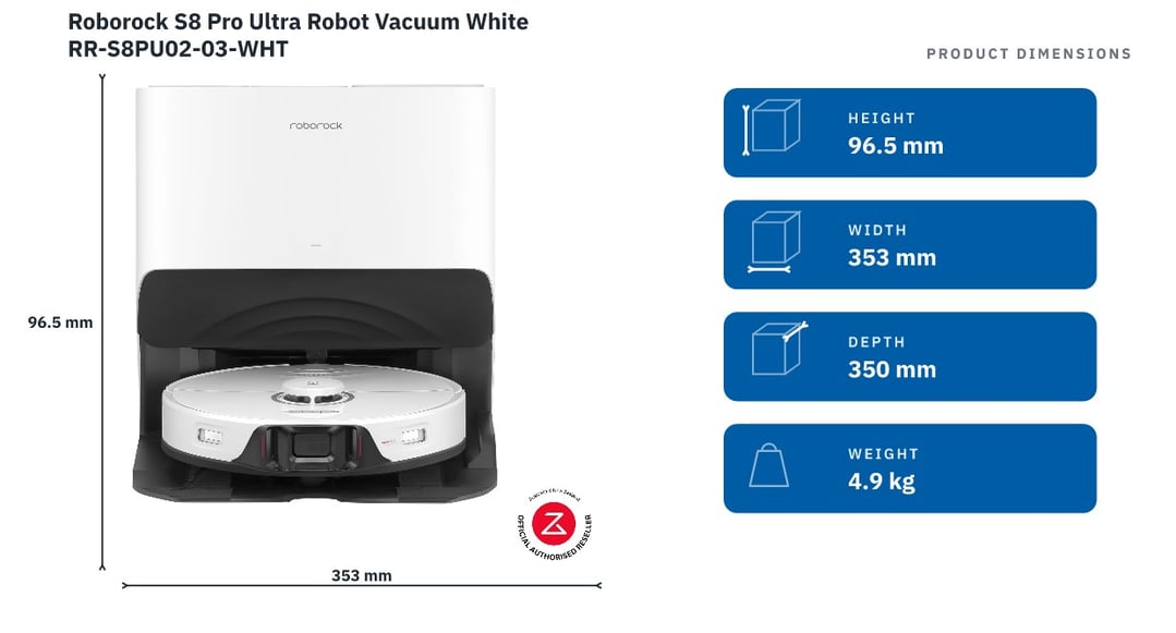 Roborock S8 Pro Ultra Robot Vacuum White RR-S8PU02-03-WHT — product dimensions