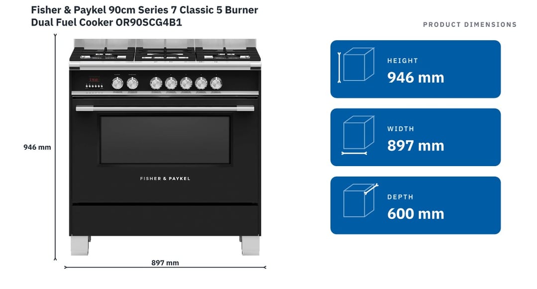 Fisher & Paykel 90cm Series 7 Classic 5 Burner Dual Fuel Cooker OR90SCG4B1 — product dimensions