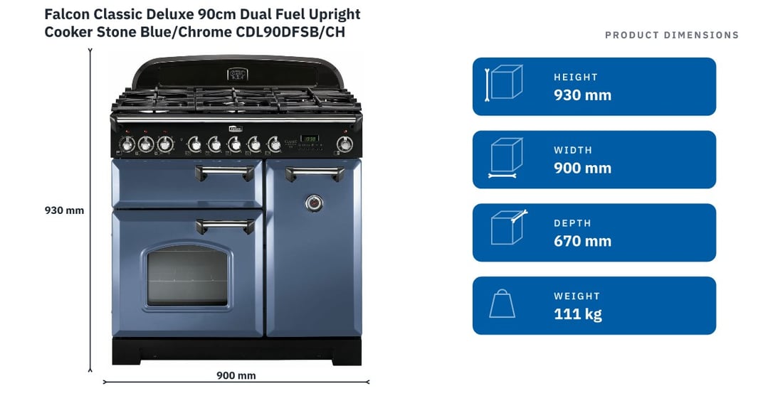 Falcon Classic Deluxe 90cm Dual Fuel Upright Cooker Stone Blue/Chrome CDL90DFSB/CH — product dimensions