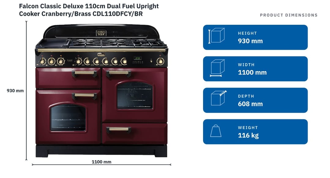 Falcon Classic Deluxe 110cm Dual Fuel Upright Cooker Cranberry/Brass CDL110DFCY/BR — product dimensions