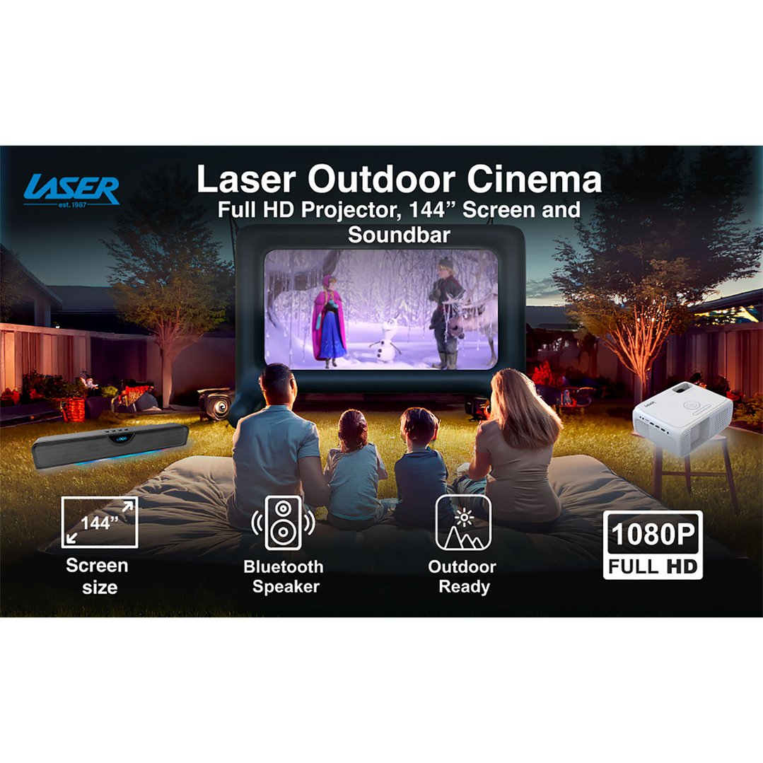 Laser Outdoor Cinema: Full HD Projector, 144" Screen & Soundbar PJT-BYCBL-040