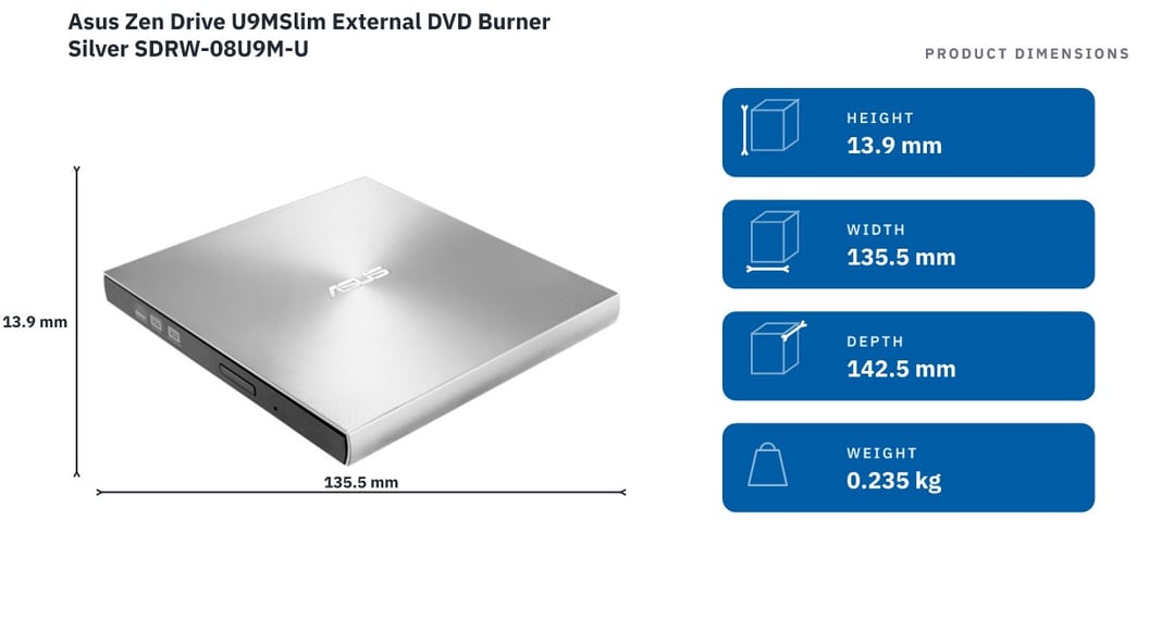Asus Zen Drive U9MSlim External DVD Burner Silver SDRW-08U9M-U — product dimensions