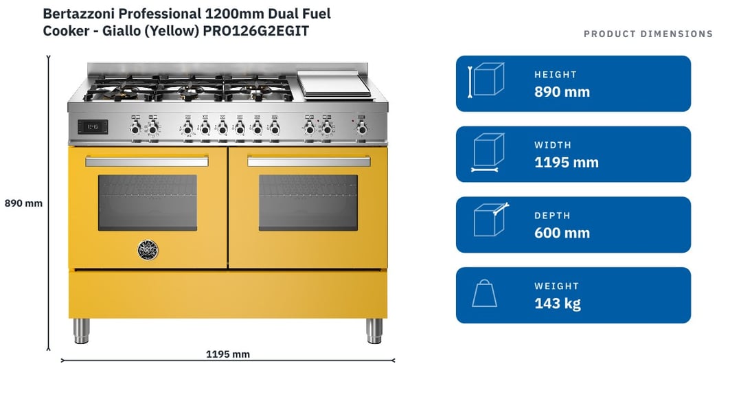 Bertazzoni Professional 1200mm Dual Fuel Cooker - Giallo (Yellow) PRO126G2EGIT — product dimensions