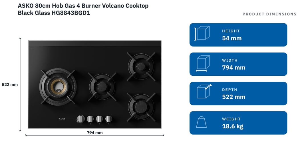 ASKO 80cm Hob Gas 4 Burner Volcano Cooktop Black Glass HG8843BGD1 — product dimensions