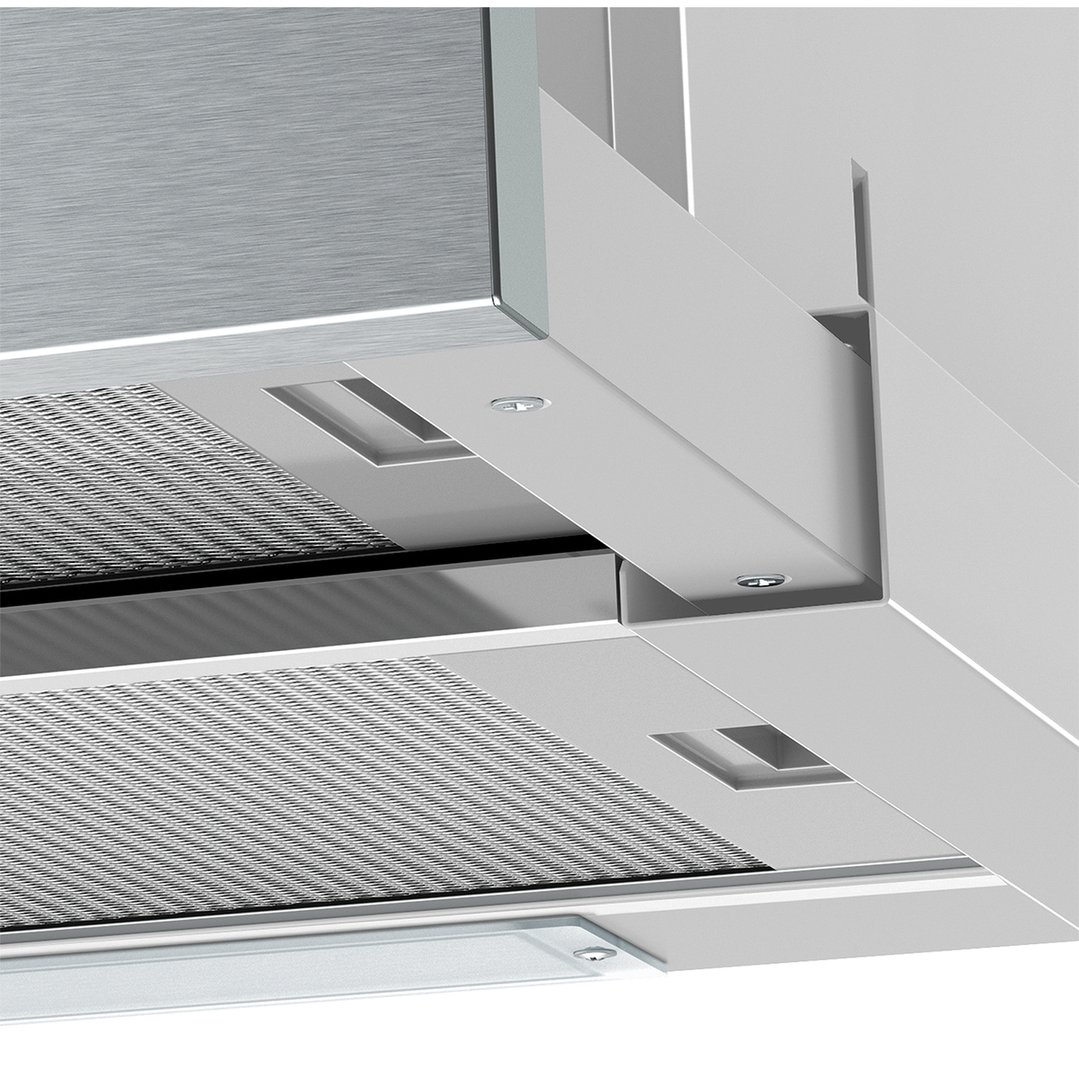 Close up of the underside of a rangehood with metal filters