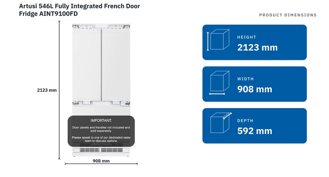 Artusi 546L Fully Integrated French Door Fridge AINT9100FD — product dimensions