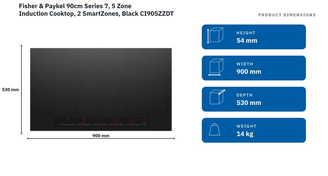 Fisher & Paykel 90cm Series 7, 5 Zone Induction Cooktop, 2 SmartZones, Black CI905ZZDTB5 — product dimensions