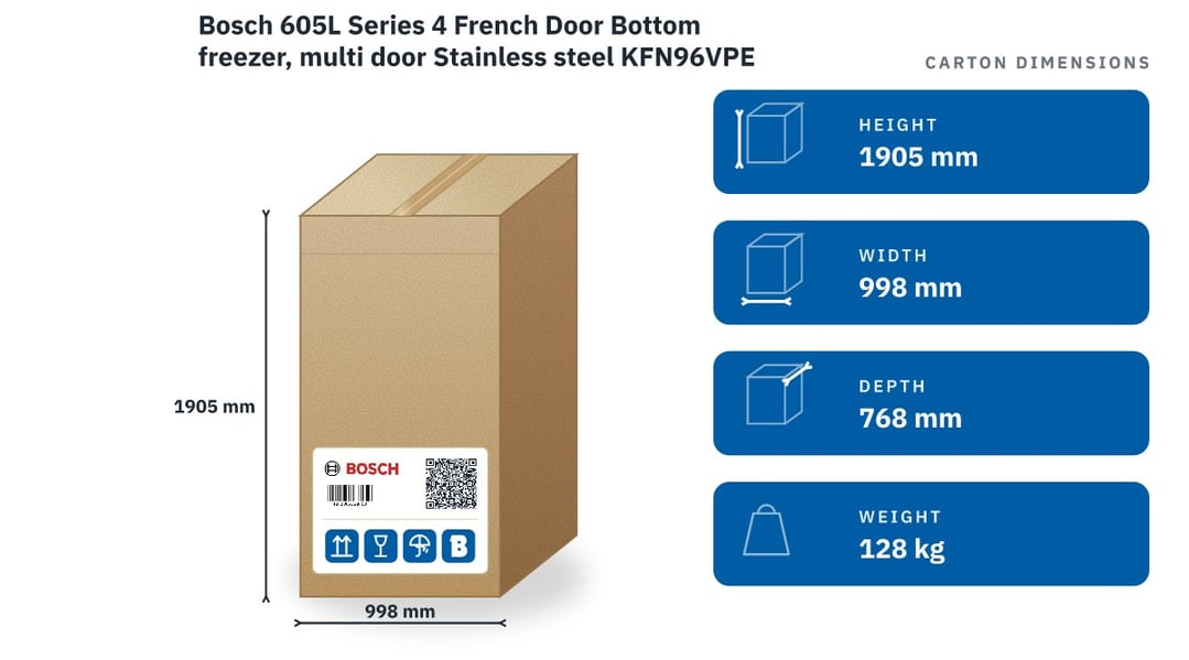 Bosch 605L Series 4 French Door Bottom freezer, multi door Stainless steel KFN96VPEAA — packaged dimensions