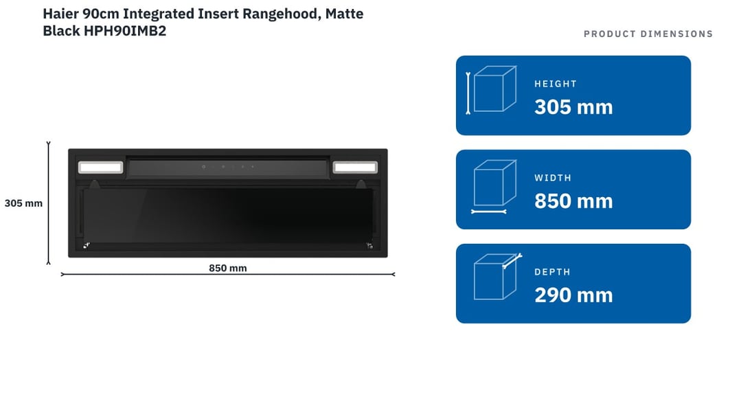 Haier 90cm Integrated Insert Rangehood, Matte Black HPH90IMB2 — product dimensions