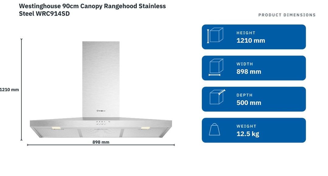Westinghouse 90cm Canopy Rangehood Stainless Steel WRC914SD — product dimensions