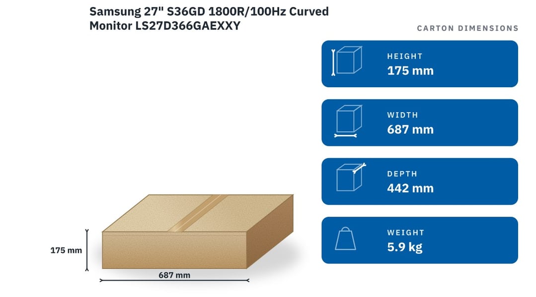 Samsung 27" S36GD 1800R/100Hz Curved Monitor LS27D366GAEXXY — packaged dimensions