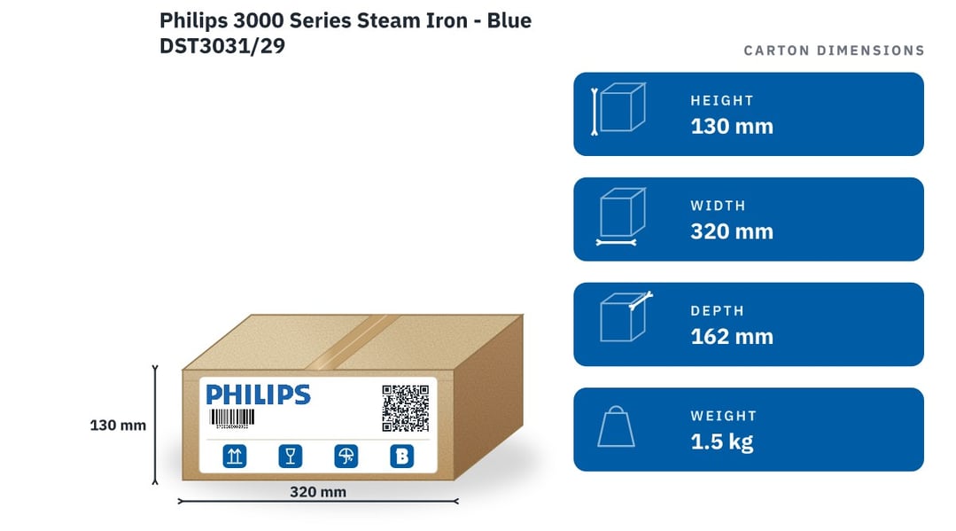 Philips 3000 Series Steam Iron - Blue DST3031/29 — packaged dimensions