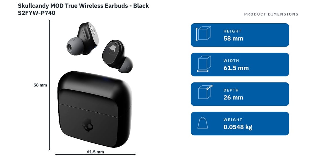 Skullcandy MOD True Wireless Earbuds - Black S2FYW-P740 — product dimensions
