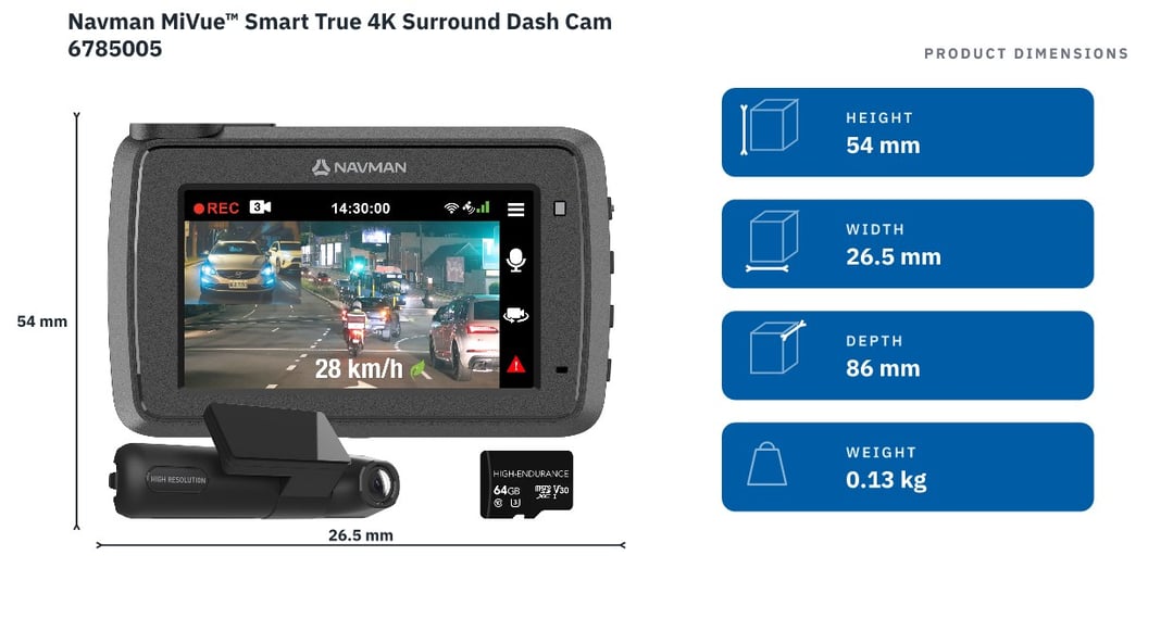 Navman MiVue™ Smart True 4K Surround Dash Cam 6785005 — product dimensions