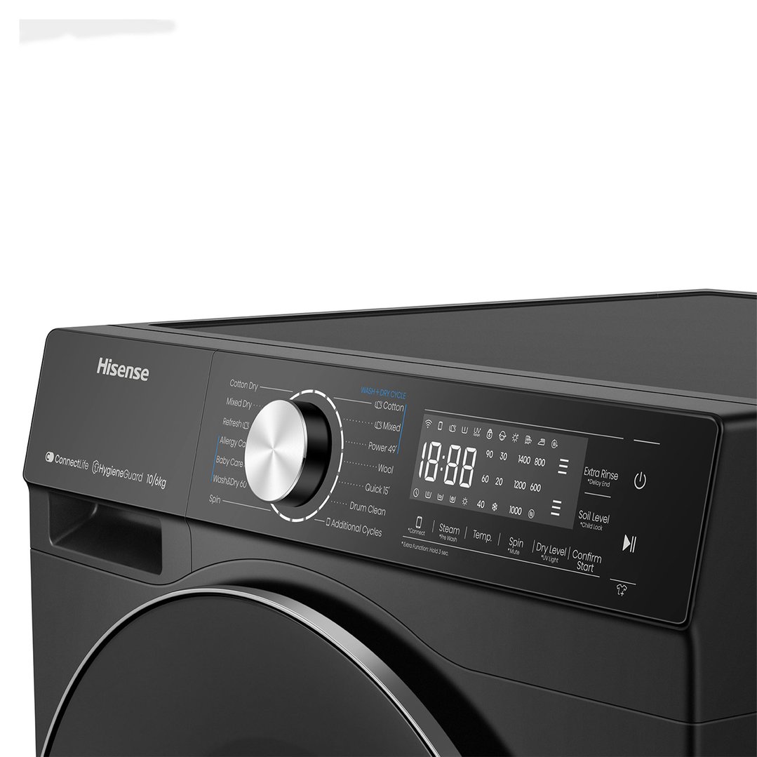 Close-up of the control panel and door of a black Hisense washer dryer combo