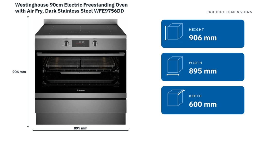 Westinghouse 90cm Electric Freestanding Oven with Air Fry, Dark Stainless Steel WFE9756DD — product dimensions