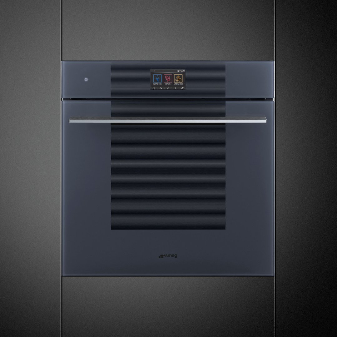 Smeg Linea Omnichef oven in Neptune Grey built into a dark grey cabinet