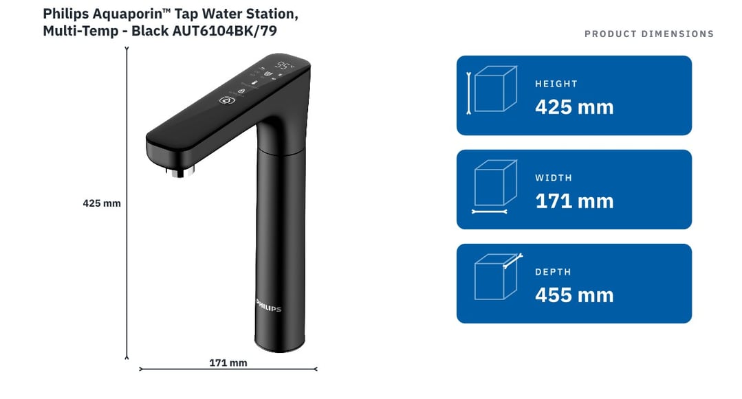 Philips Aquaporin™ Tap Water Station, Multi-Temp - Black AUT6104BK/79 — product dimensions