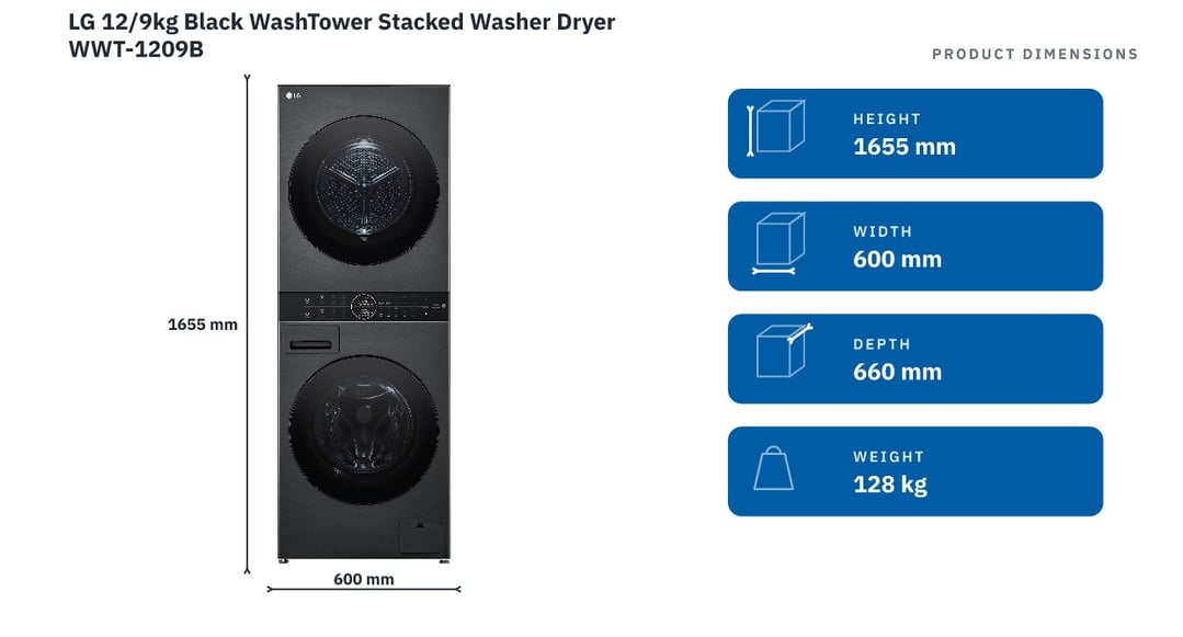 LG 12/9kg Black WashTower Stacked Washer Dryer WWT-1209B — product dimensions