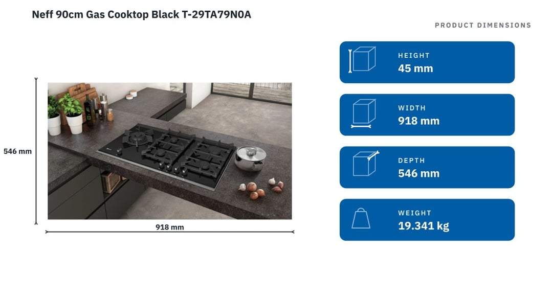 Neff 90cm Gas Cooktop Black T-29TA79N0A — product dimensions