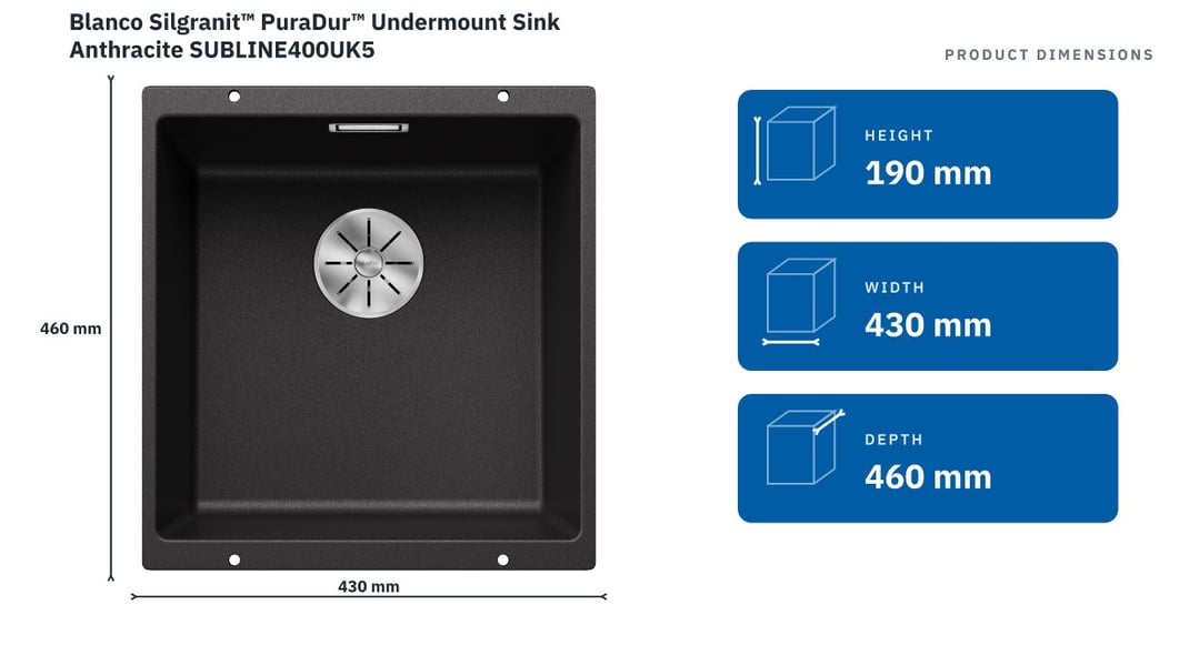 Blanco Silgranit™ PuraDur™ Undermount Sink Anthracite SUBLINE400UK5 — product dimensions