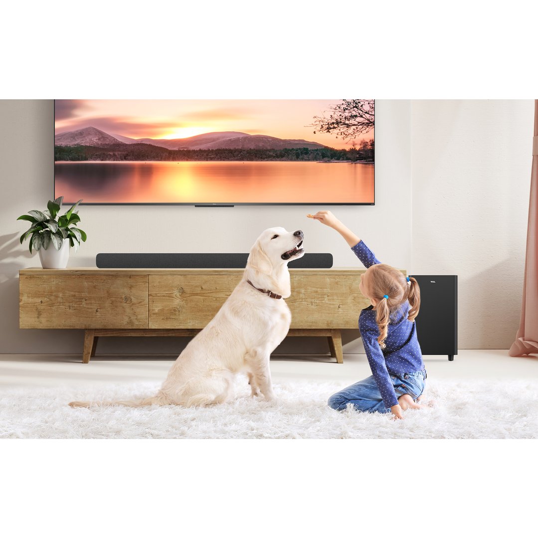 Child feeding a dog in front of a soundbar and TV on a wooden cabinet