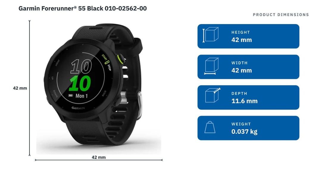 Garmin Forerunner® 55 Black 010-02562-00 — product dimensions