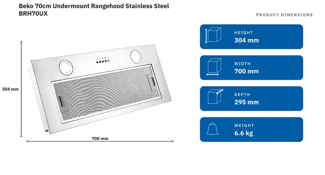Beko 70cm Undermount Rangehood Stainless Steel BRH70UX