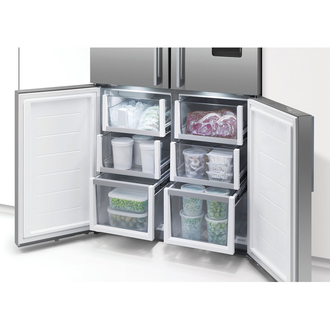 Open quad door refrigerator freezer with various food items in drawers