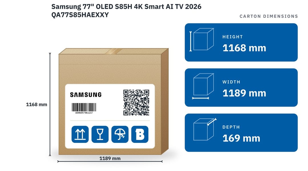 Samsung 77" OLED S85H 4K Smart AI TV 2026 QA77S85HAEXXY — packaged dimensions