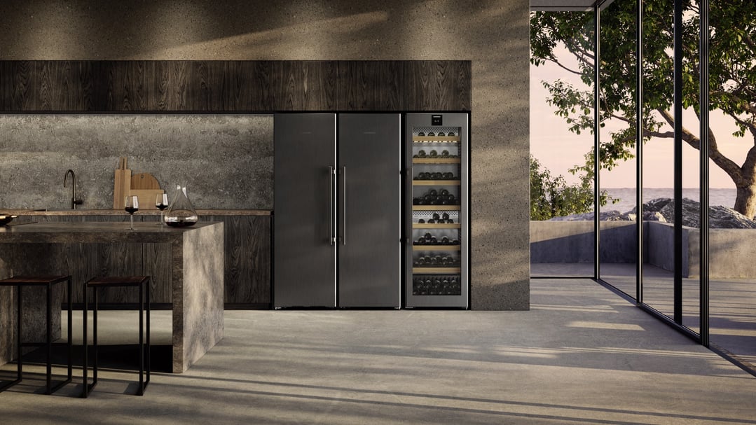 Black steel wine fridge and refrigerator in a modern kitchen with outdoor view