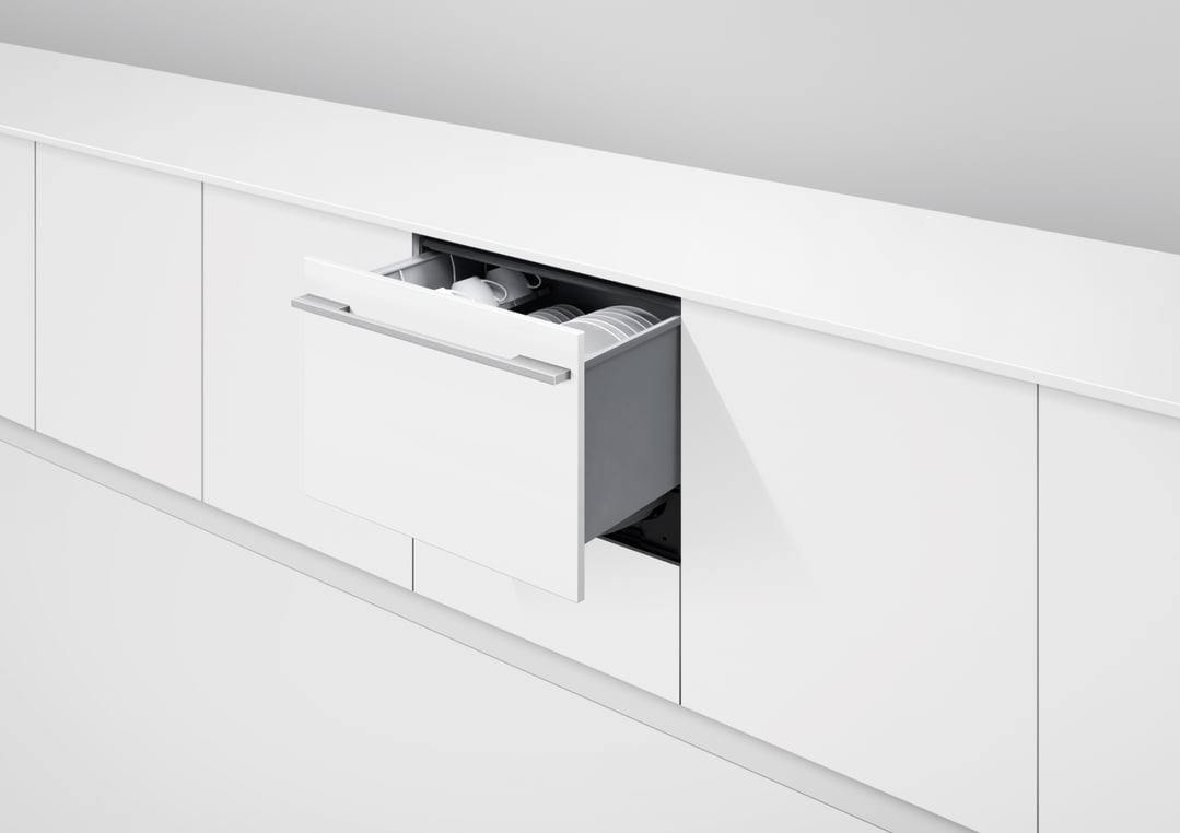 Integrated Tall Single DishDrawer Dishwasher open in a modern white kitchen