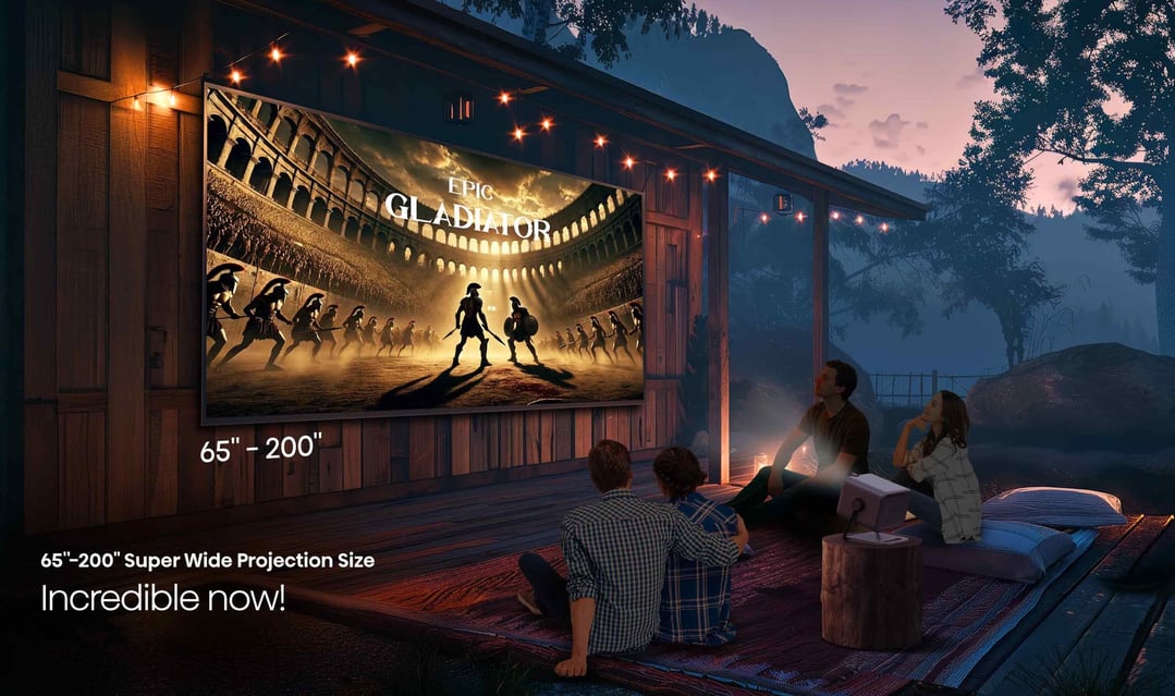 People watching a movie projected onto a large screen outdoors at night