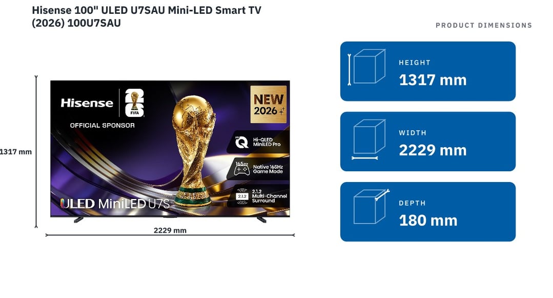 Hisense 100" ULED U7SAU Mini-LED Smart TV (2026) 100U7SAU — product dimensions
