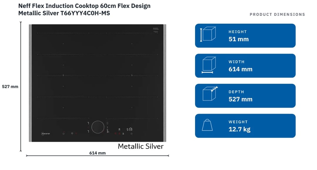 Neff Flex Induction Cooktop 60cm Flex Design Metallic Silver T66YYY4C0H-MS — product dimensions