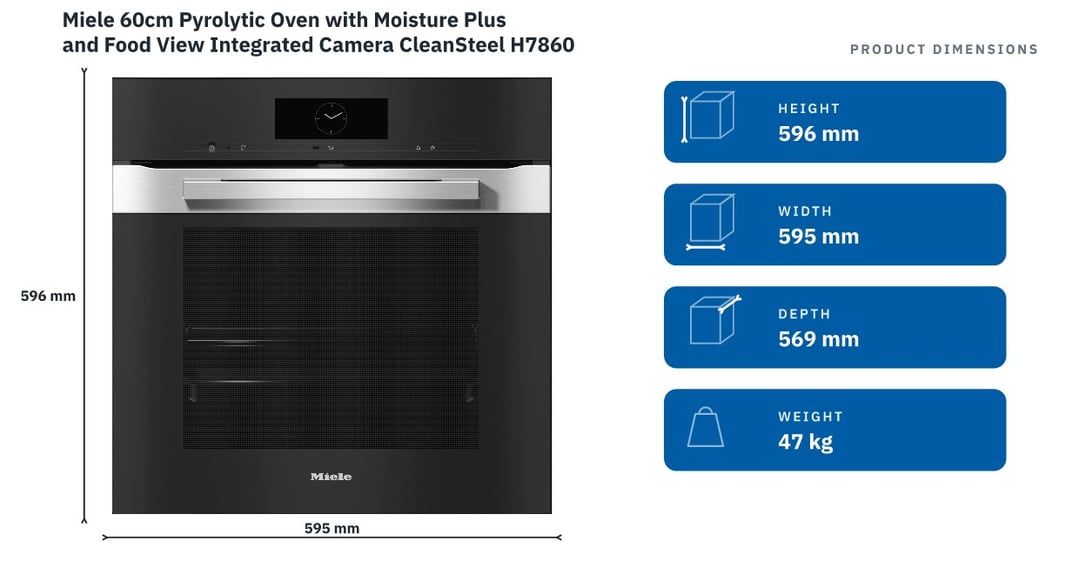 Miele 60cm Pyrolytic Oven with Moisture Plus and Food View Integrated Camera CleanSteel H7860BP