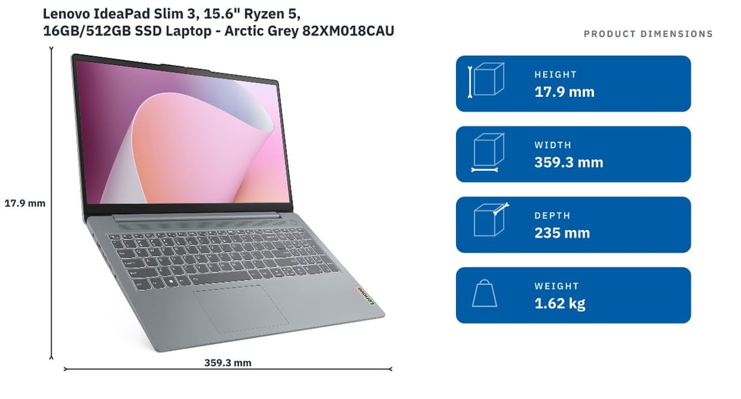 Lenovo IdeaPad Slim 3, 15.6" Ryzen 5, 16GB/512GB SSD Laptop - Arctic Grey 82XM018CAU