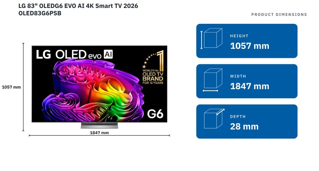 LG 83" OLEDG6 EVO AI 4K Smart TV 2026 OLED83G6PSB — product dimensions