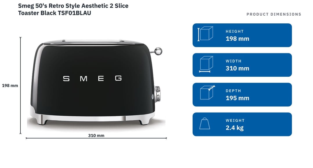 Smeg 50's Retro Style Aesthetic 2 Slice Toaster Black TSF01BLAU