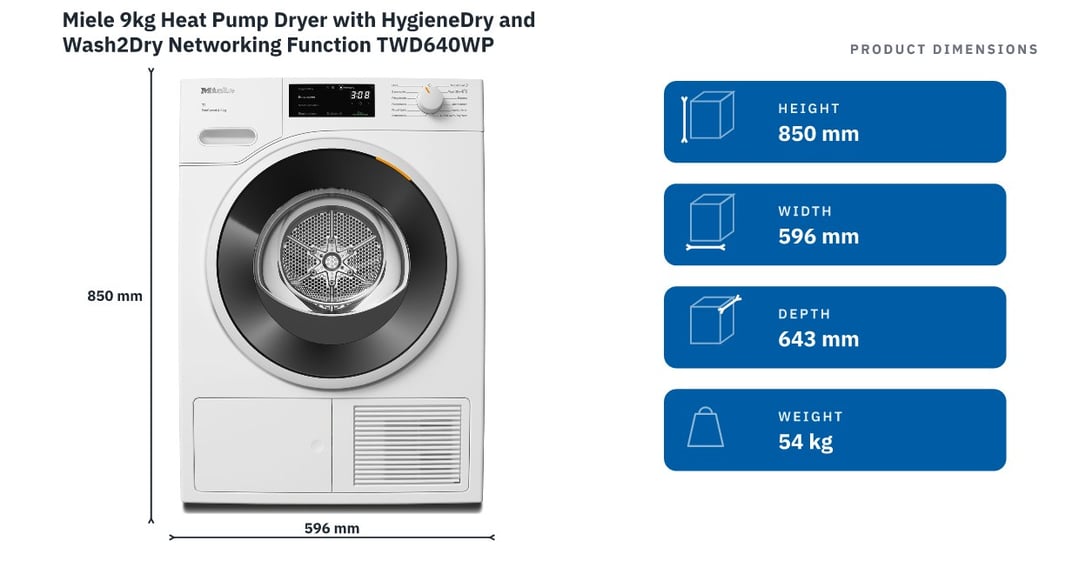 Miele 9kg Heat Pump Dryer with HygieneDry and Wash2Dry Networking Function TWD640WP