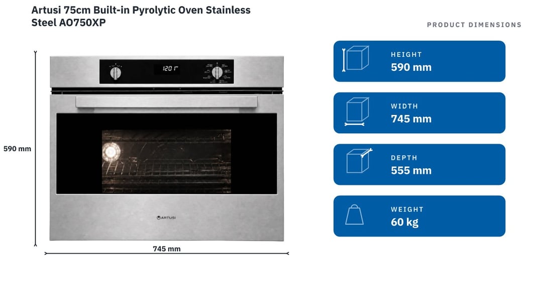 Artusi 75cm Built-in Pyrolytic Oven Stainless Steel AO750XP — product dimensions