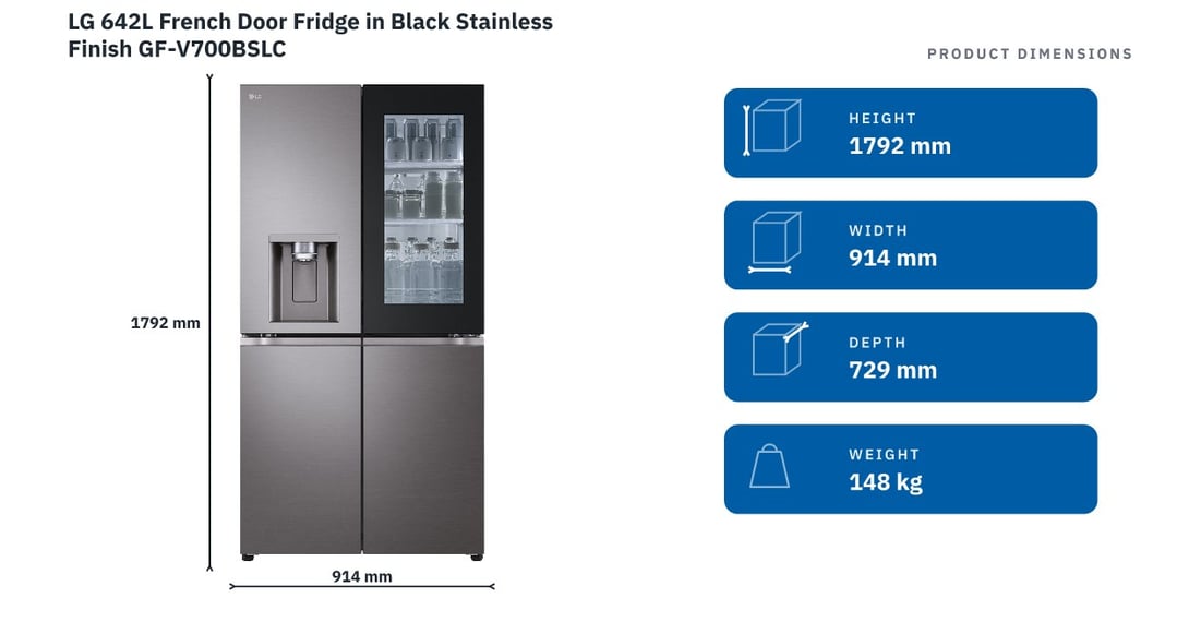 LG 642L French Door Fridge in Black Stainless Finish GF-V700BSLC — product dimensions