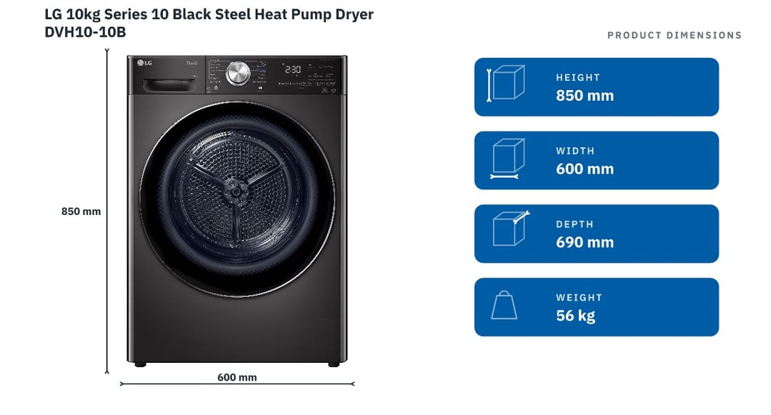 LG 10kg Series 10 Black Steel Heat Pump Dryer DVH10-10B — product dimensions