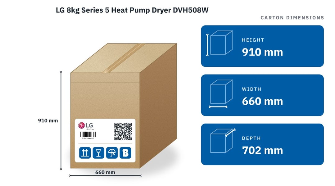LG 8kg Series 5 Heat Pump Dryer DVH508W — packaged dimensions