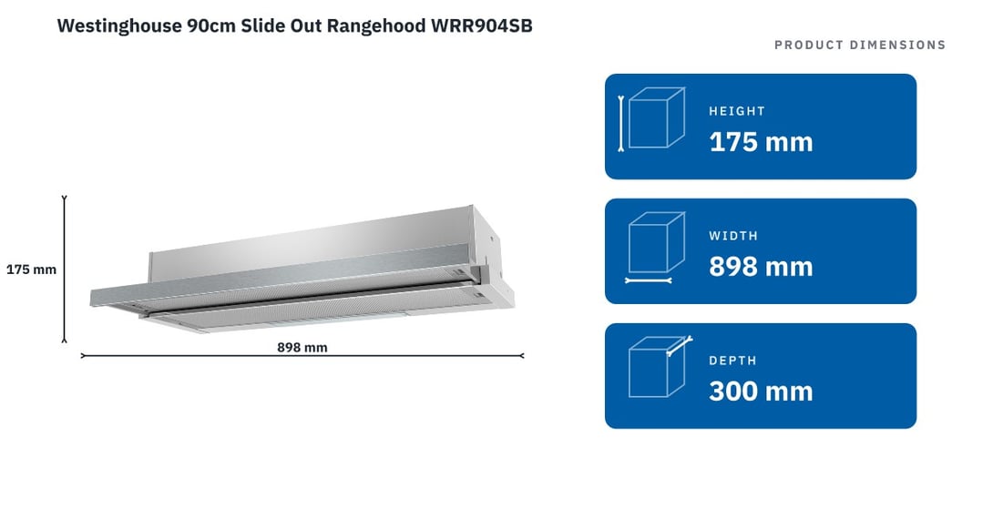Westinghouse 90cm Slide Out Rangehood WRR904SB — product dimensions