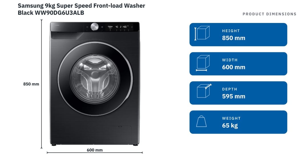 Samsung 9kg Super Speed Front-load Washer Black WW90DG6U3ALB — product dimensions